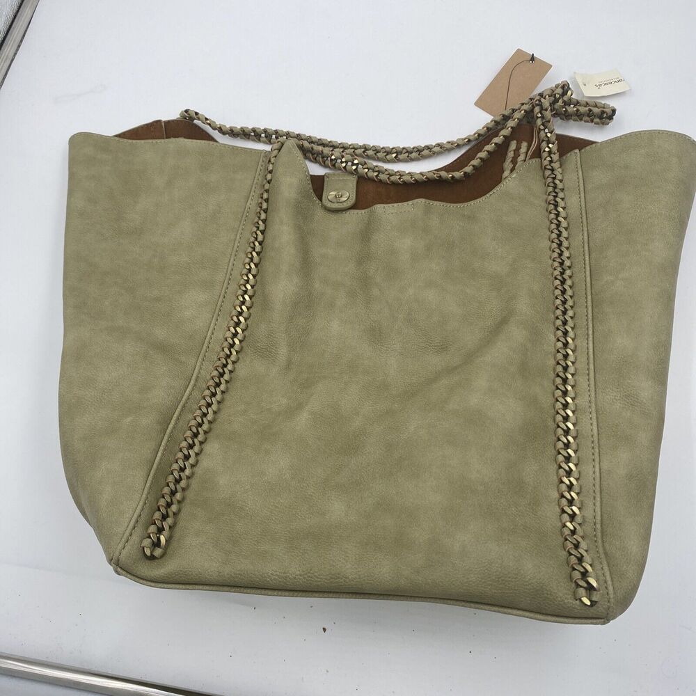 NWT Olive Green Tote Bag from FRANCESCAS Chocolate Brown Lining Double Handled - Picture 6 of 9